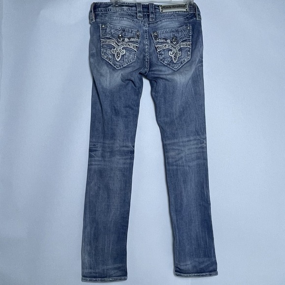 Rock Revival 27 Barbila Jeans Low Rise Skinny Blue Denim Distressed Embroidered - Picture 3 of 15